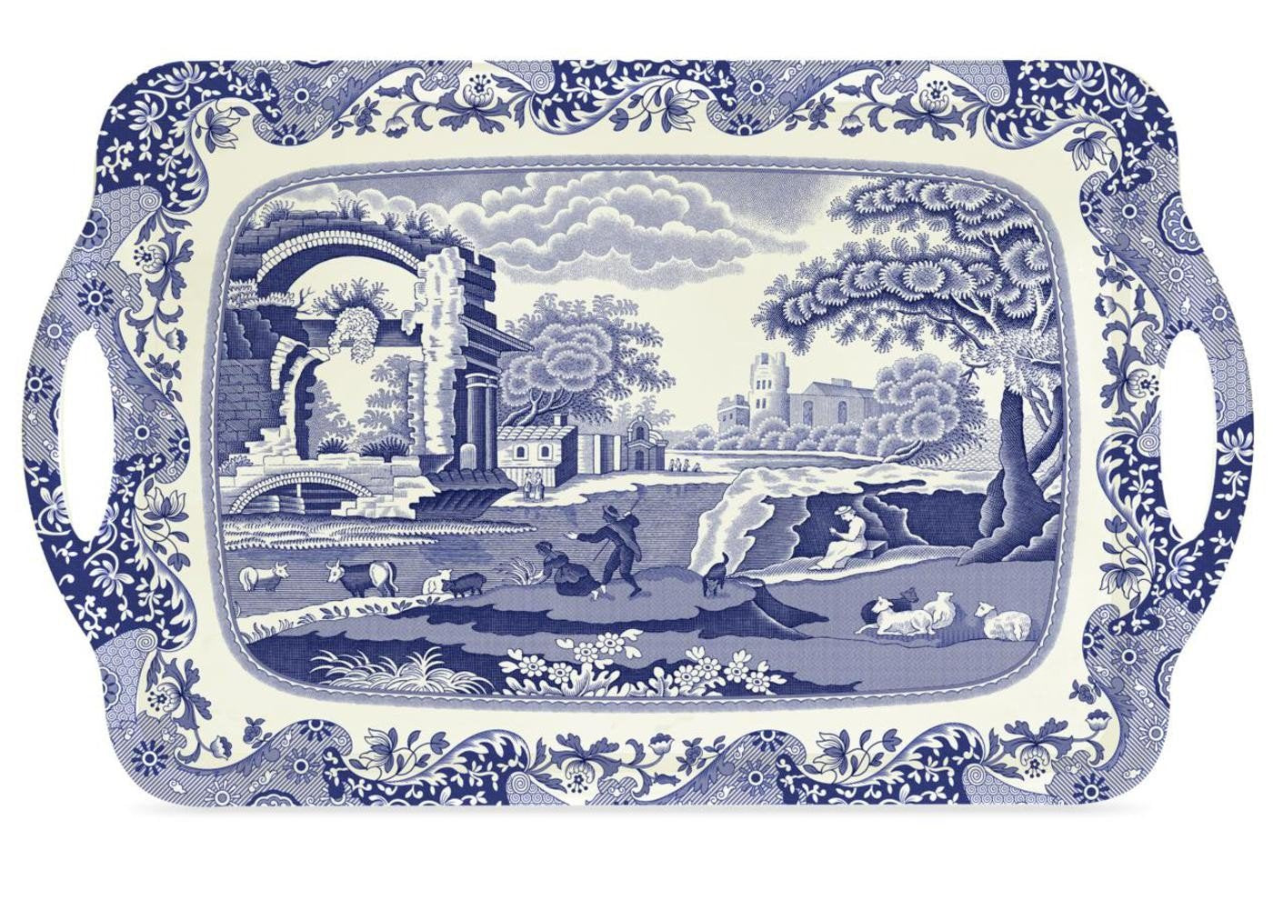 Pimpernel Spode Blue Italian Collection Large Handled Tray | Serving Tray for Lunch, Coffee, or Breakfast | Made of Melamine for Indoor and Outdoor use | Measures 18.9" x 11.6" | Dishwasher Safe