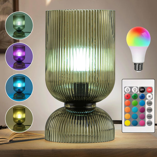 Gmrhndy Modern RGB Glass Table Lamp with Remote，Color Changing Bedside Lamp with Green Glass Shade, 16 Colors, On/Off Cord Switch, Nightstand Lamp for Bedroom, Living Room, Office,Bulb Included