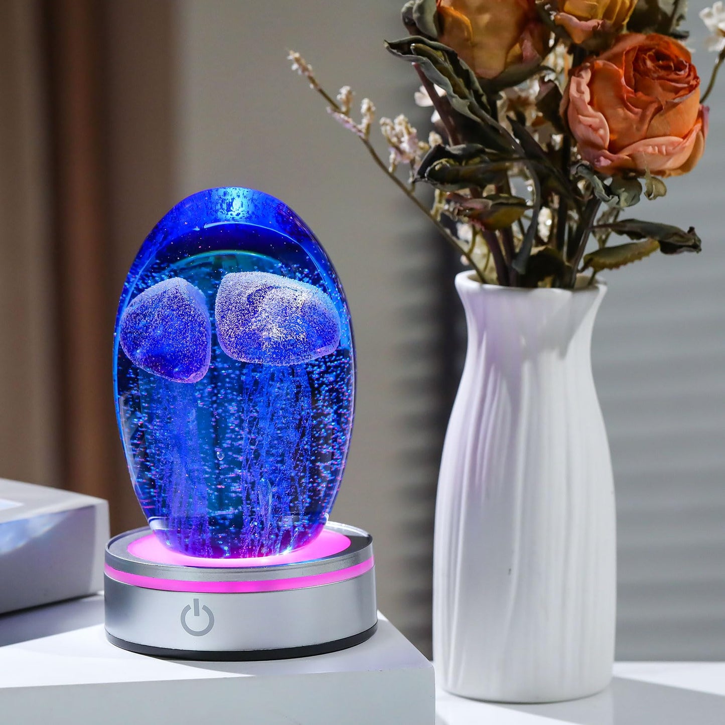 Enjinkail Hand Blown Glass Jellyfish Lamp - Ocean Themed Crystal Ball Desk Decor with LED Light, Aquarium & Beach Room Decoration, Collectible Figurine Paperweight Gift for Women (Blue)
