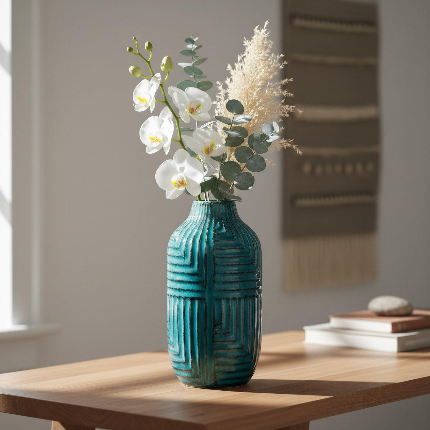 hjn Teal Hand-Glazed Ceramic Vase - 10.6" H Modern Decorative Centerpiece Vase for Fresh/Dried Flowers, Home Decor for Living Room Bookshelf Mantel | Wedding Housewarming Gift
