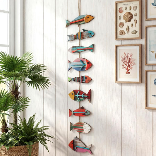 Novabright Wooden Fish Hanging Wall Decor Nautical Rustic Fishing Wood Sculpture Decorations Beach Coastal Theme Farmhouse Hanging Sign for Home Bathroom Bedroom Lake House(Colorful,Vintage)
