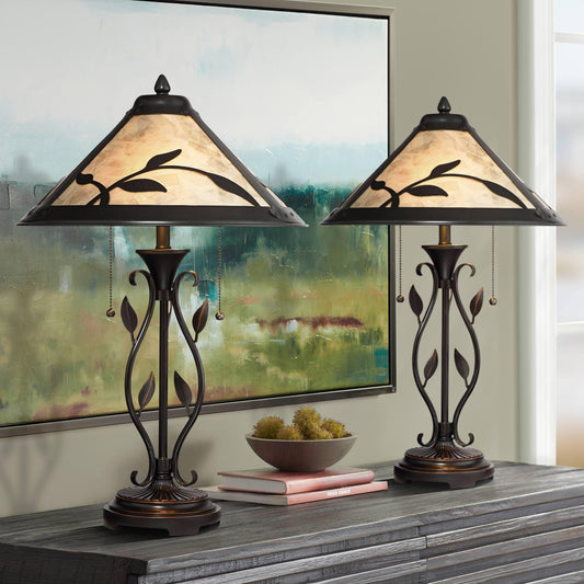 Franklin Iron Works Feuille 23 3/4" High Leaf and Vine Small Farmhouse Rustic Country Cottage Core Accent Table Lamps Set of 2 Pull Chain Brown Living Room Bedroom Bedside Nightstand Mica Shade