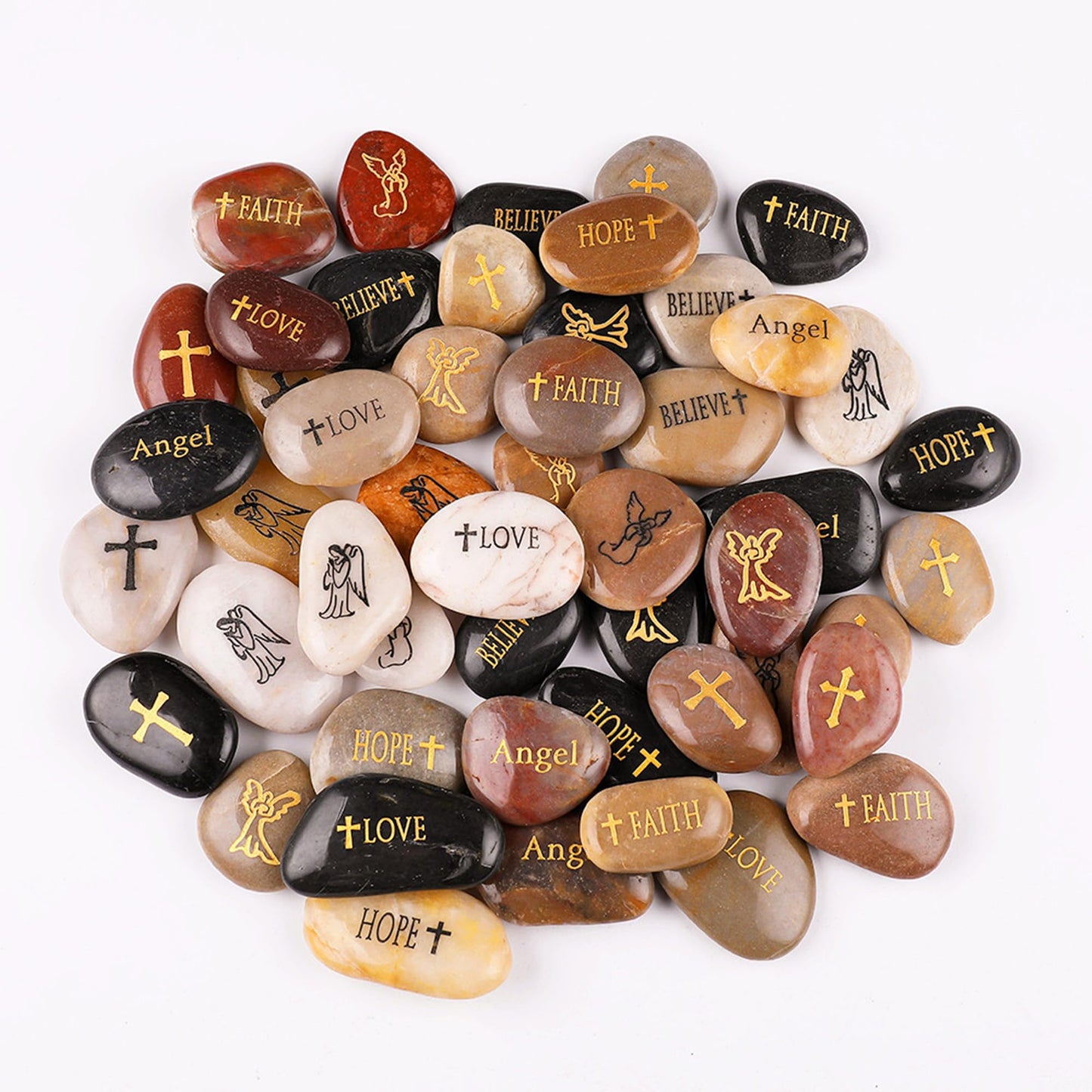 ROCKIMPACT 50PCS Angel Guardian Angel Stones Serenity Prayer Pebble Engraved Inspirational Motivational Healing Inspiring Rocks Encouragement Word Stones Wholesale Bulk, 2"-3" ea