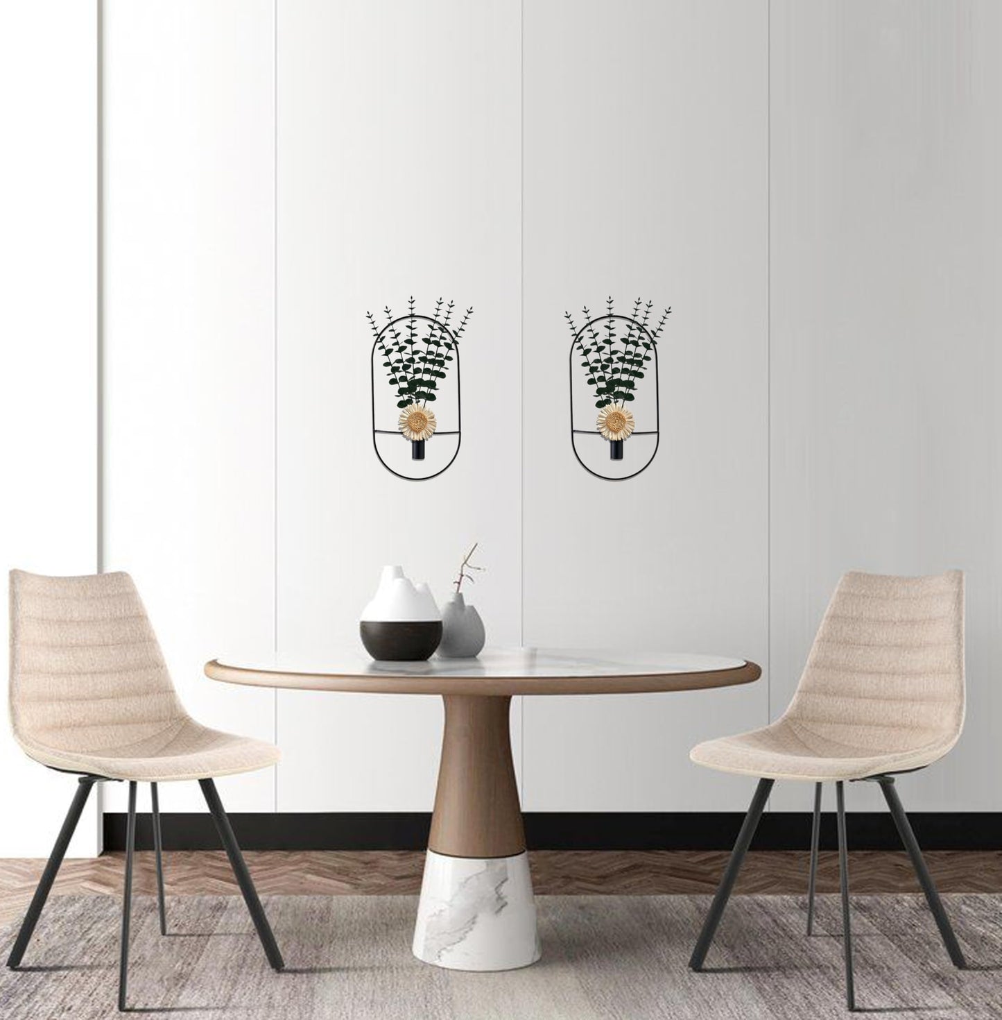 2 Pack Black Metal Wall Hanging Vase with Artificial Plants, Metal Plants Decor for Living Room, Bedroom, Bathroom, Dining Room, Fake Faux Plant Display