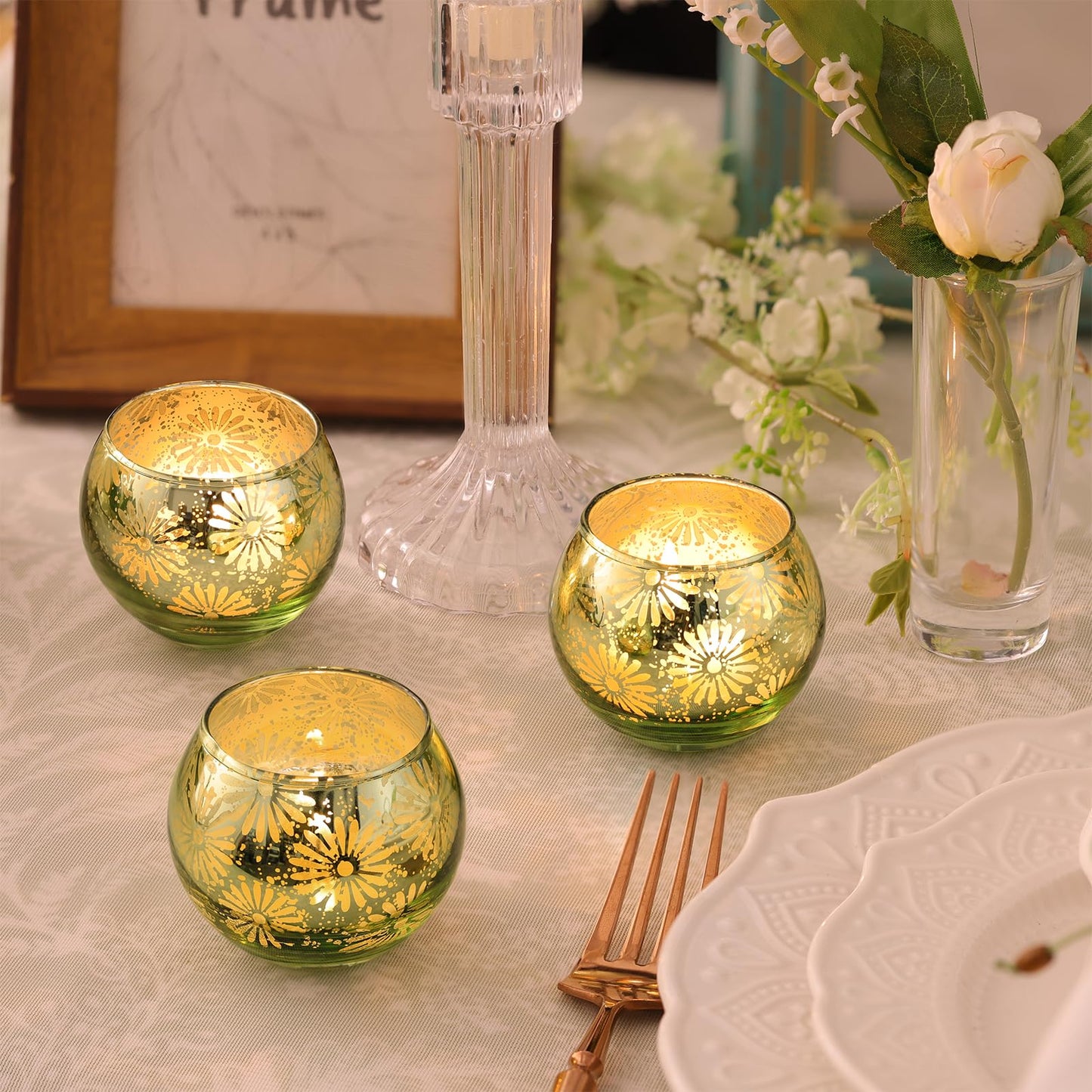 sunnyfuture Green Mercury Glass Votive Candle Holders Set of 12, Round Tealight Candle Holders Bulk for Table Centerpieces, Weddings, Shower Gifts, Christmas, Halloween Party Decorations