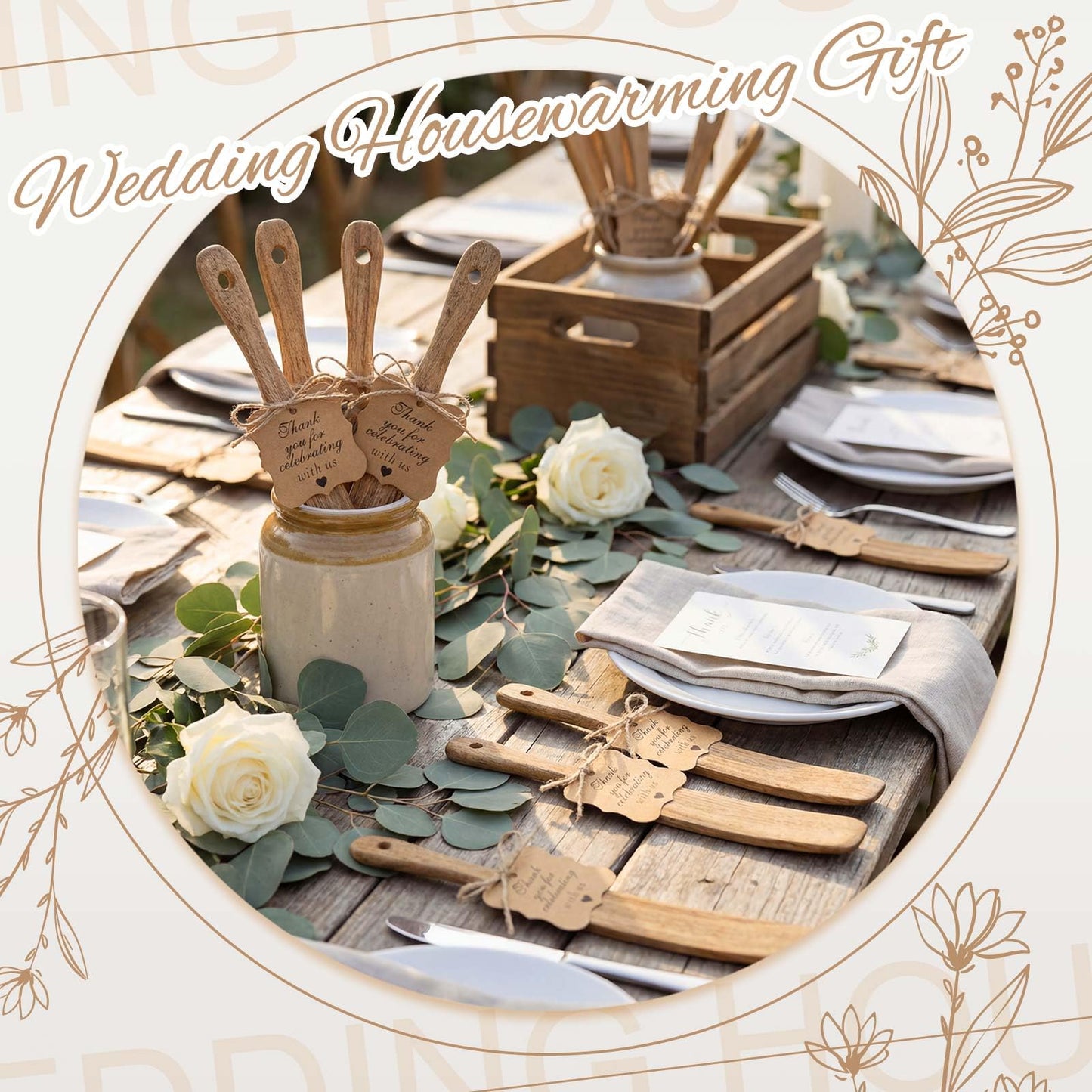 Lineshading 24 Pack Wooden Spurtle Party Favors with 24 Thank You Cards and Twine, 10 Inch Skinny Sourdough Jar Spatulas, Practical Kitchen Gifts for Wedding, Bridal and Baby Shower Guests