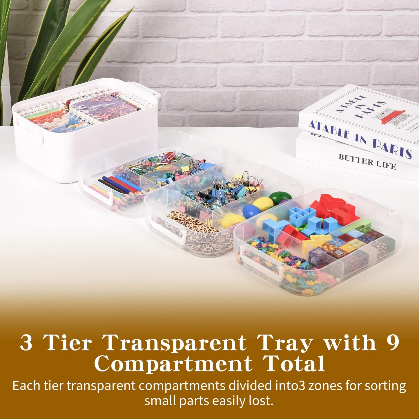 MERATIA 16 QT Art Supply Organizer Box with Handle, White 3-Tier Stackable Craft Storage Container with Removable Trays for Markers, Paints, Beads and Sewing Accessories 11.1''x10.83''x10.83''