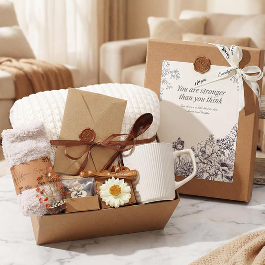 Get Well Soon Gifts Baskets for Women, Thinking of You Gift Comfort Gifts with Healing Crystals Tree, Sympathy Gift Feel Better After Surgery Recovery Wellness Hug in a Box for Her Mom Friends, Beige