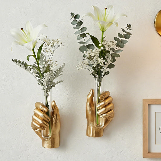 2Pcs Wall Hand Vase,Vintage Art Decor,Life-Size Hand Sculpture with Glass Test Tube Vase,Unique Wall Art Statue for Indoor or Outdoor,Maximalist Boho Whimsical Decor,for Women (2, Gold)