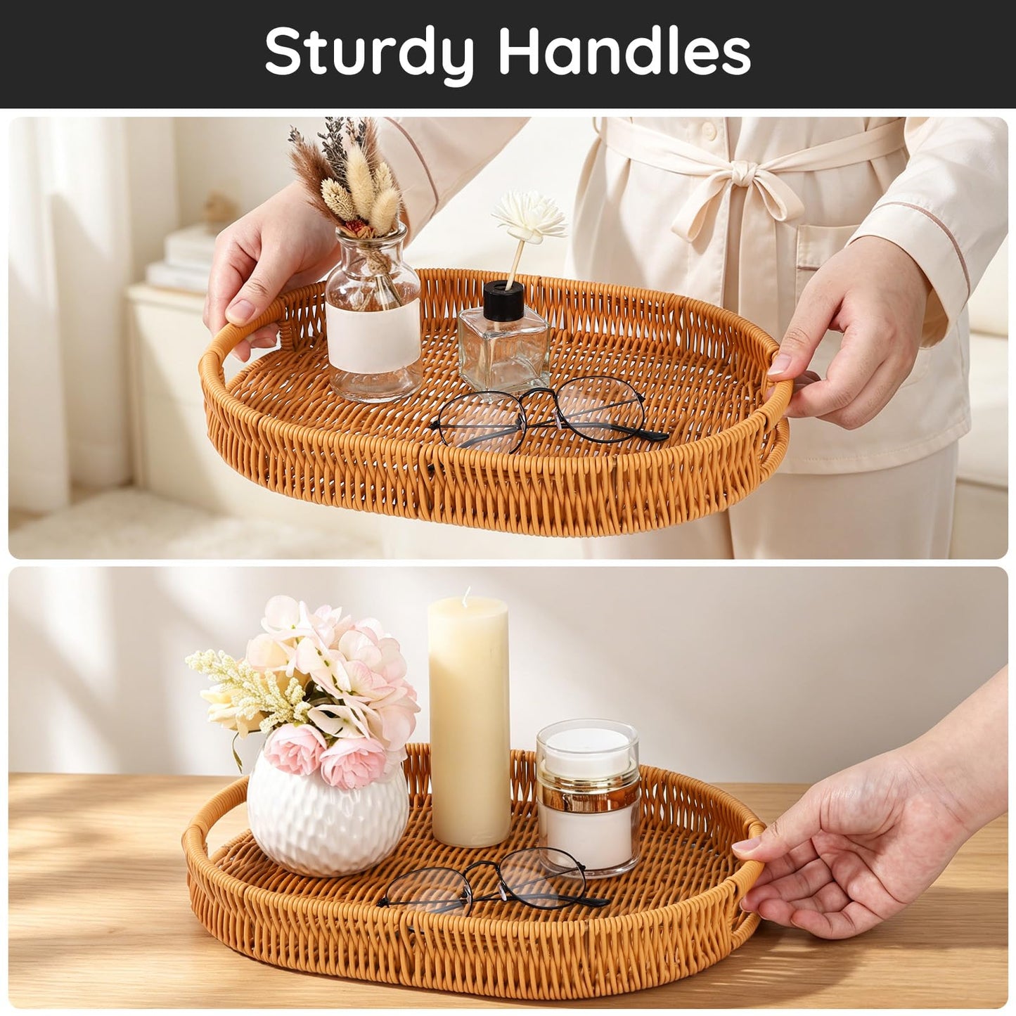 Segbeauty Faux Rattan Bathroom Vanity Tray for Home Decor, 13.8x9.8x1.8in Oval PP Wicker Storage Basket for Guest Towel Paper, Plastic Rattan Serving Woven Tray, Bedroom Basket Organizer with Handles