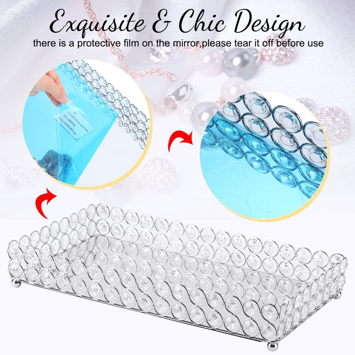 3 Pieces Perfume Tray Crystal Vanity Tray Mirrored Crystal Cosmetic Makeup Tray Set Makeup Brush Holder Bathroom Decorative Organizer Brush Cup Holder Vanity Accessories for Dresser, Silver (Square)