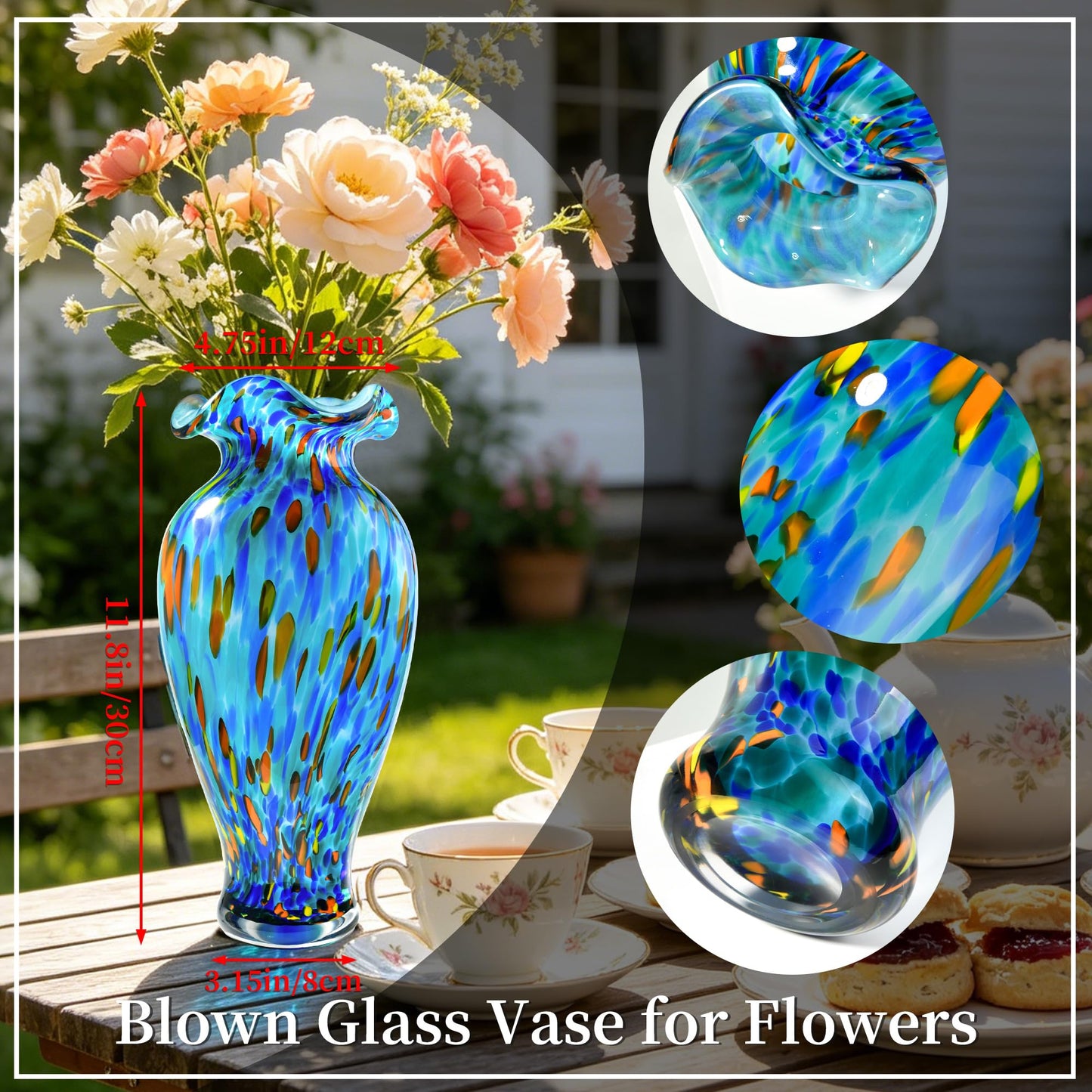 12 inch Hand Blown Glass Vase, Unique Sea Blue Crystal Flower Vase, Ocean Style Art Glass Home Table Centerpieces for Floral Bouquet Decorations