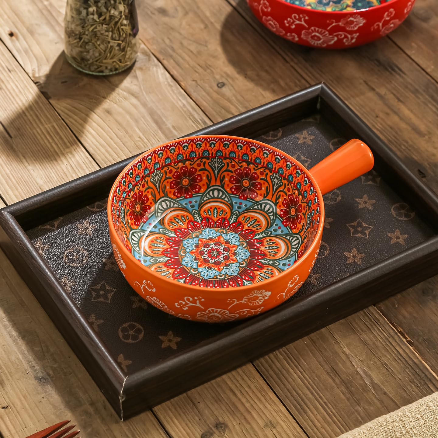 JINNTHE 1PC Ceramic Soup Bowl with Handle – 23oz, 9 Inches Bowl Handmade Shallow Bowl Colorful Floral Microwave & Dishwasher Safe Pasta/Salad Dish Bohemian Style Navy Blue