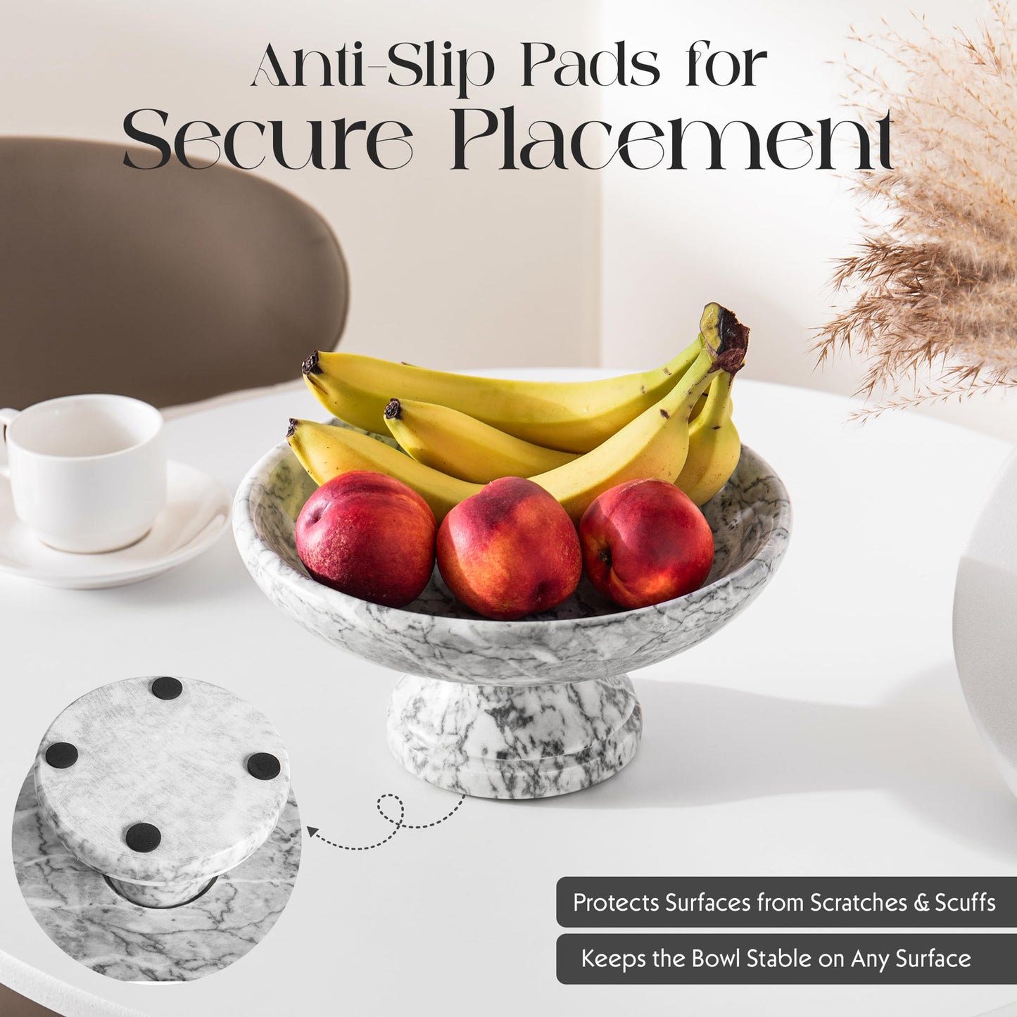 Shorken Marble Fruit Bowl with Anti-Slip Pads, Decorative Footed Marble Bowl for Kitchen Countertop & Dining Table Centerpiece, Large Decorative Bowl, White, 9.8 in