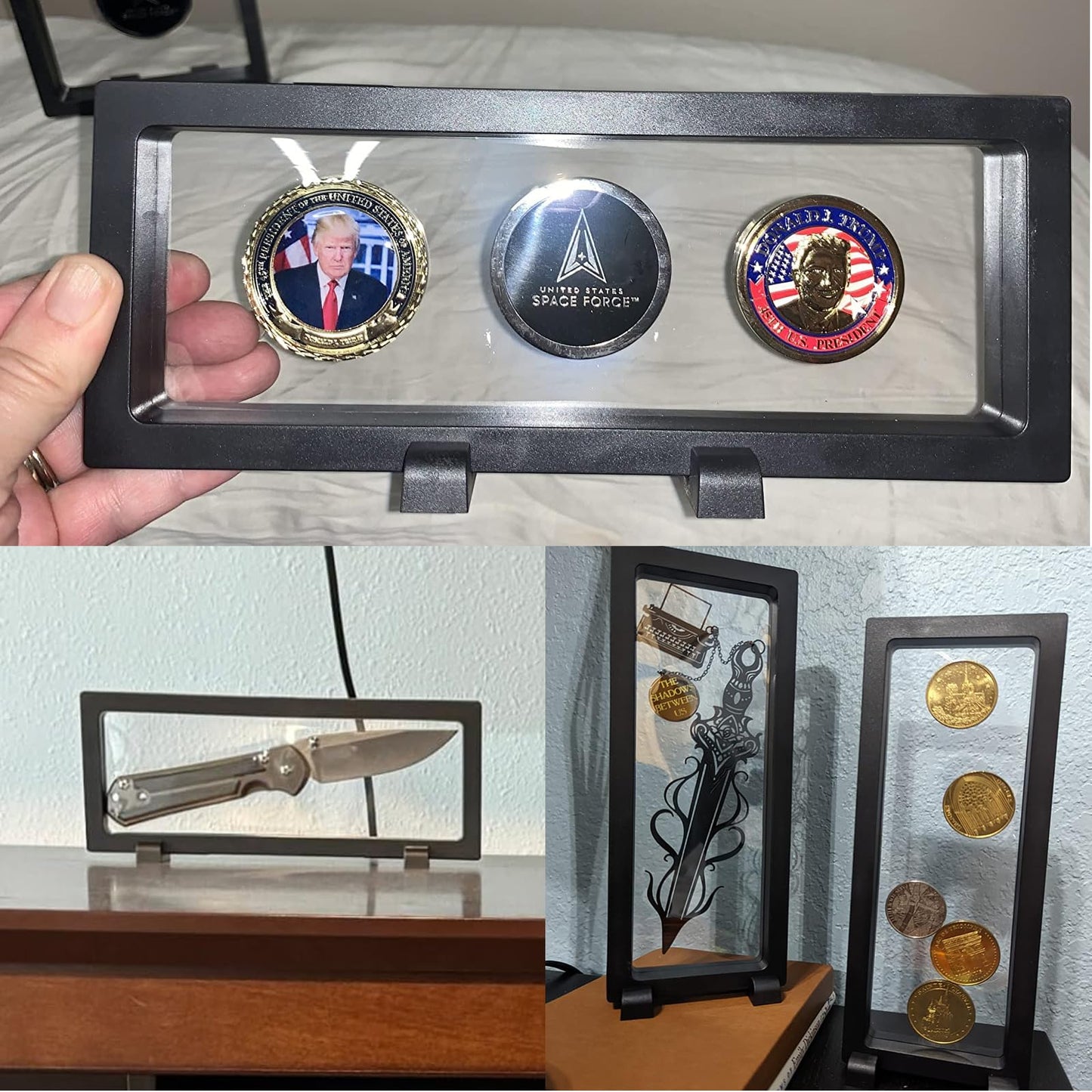 DIRBUY 15 Pack Floating Display Case - 9 x 3.54 Inch Coin Display Case - Black Challenge Coin Display for Securing Medallions, Fossils, Stamps, Insect, Arrowhead, Guitar Pick, AA Medallion, Picture