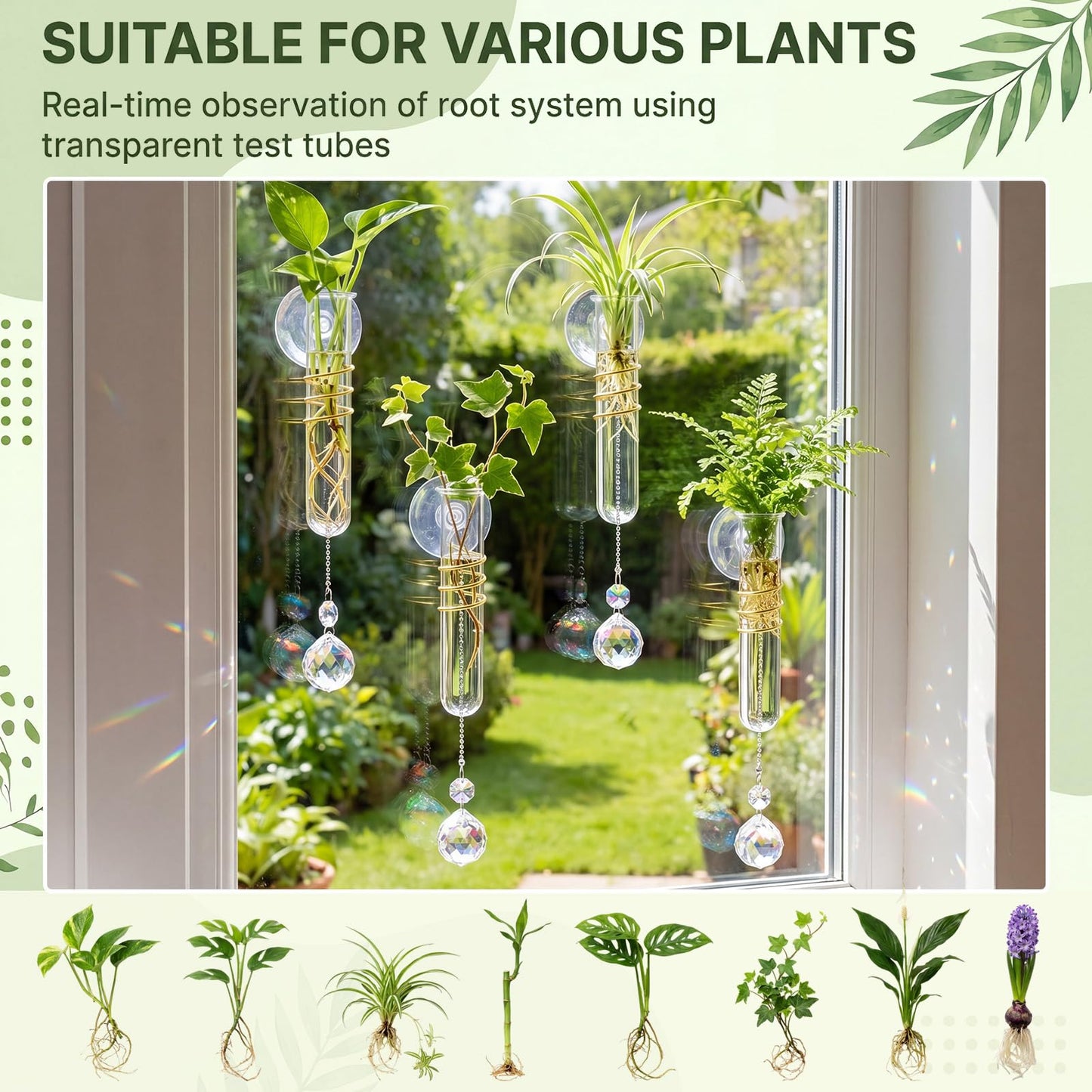 Zhehao 4 Set Window Hanging Propagation Stations 5.9'' Plastic Propagation Vases with Suction Cup & Crystal Pendants, Propagated Plant Holder Wall Jars for Home Office Garden Decoration Lover Gift