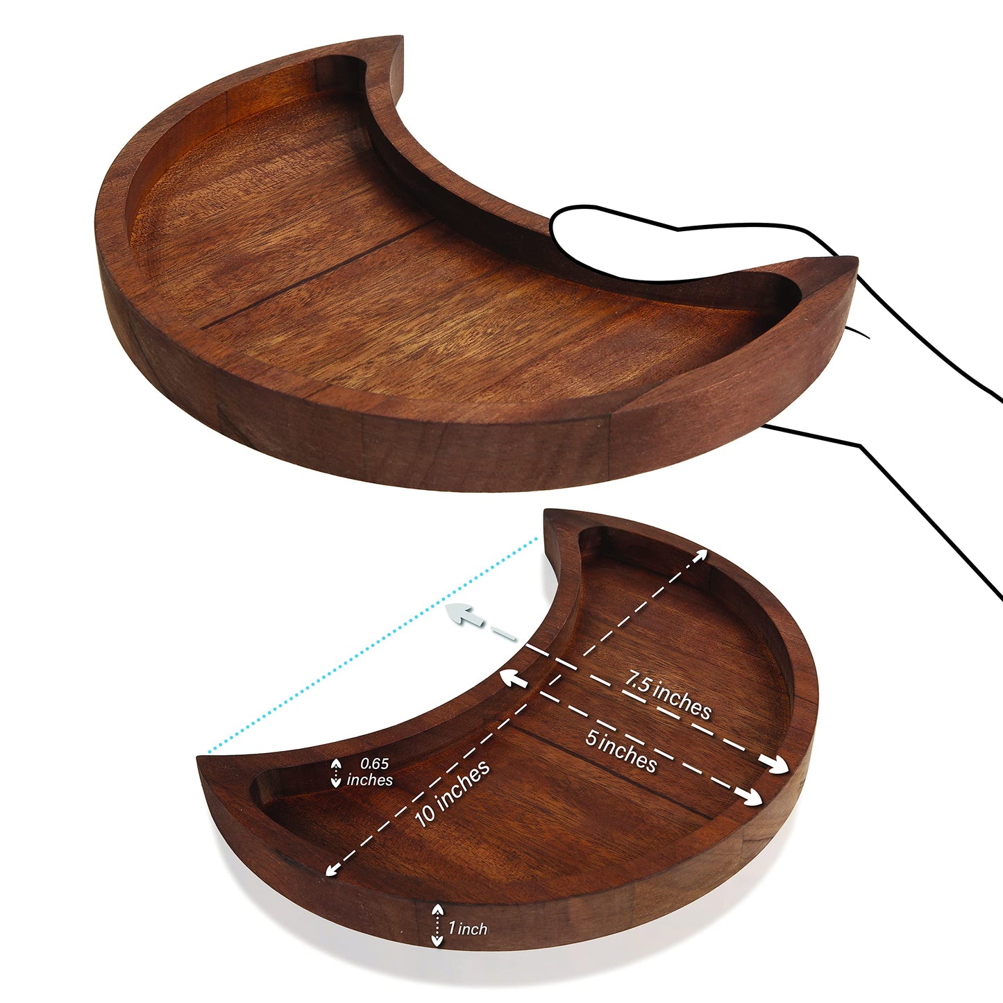 Curawood Crescent Moon Tray - Showcase Your Gems, Healing Stones & Treasures - 10x5 Wooden Crystal Display Tray, Crystal Holder for Stones Display Shelf, Gemstone Rock Holder Charging Bowl, Walnut, L