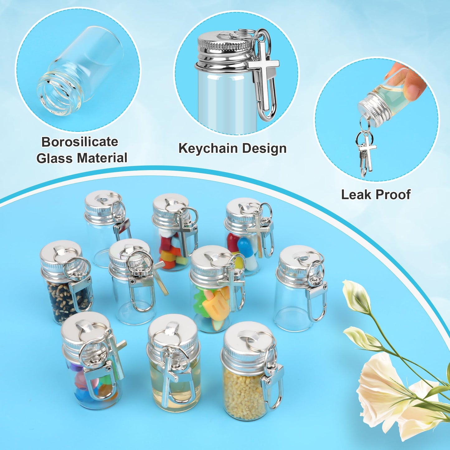 35 Pcs 7ml Small Glass Bottle Keychain Bulk with Leather Keyring Black Sticker, Mini Seasoning Bottles Metal Lid Tiny Glass Message Potion Bottles for DIY Wish Jars, Home & Travel Gifts