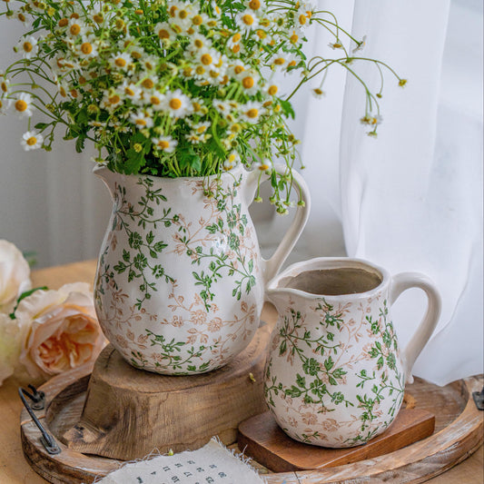 Ceramic Green and White Floral Vintage Vase with Handle, Rustic Farmhouse Pitcher Flower Vase, Chinoiserie Floral Vases for Home Decor, Living Room, Shelf, Office, Rustic Table Centerpiece