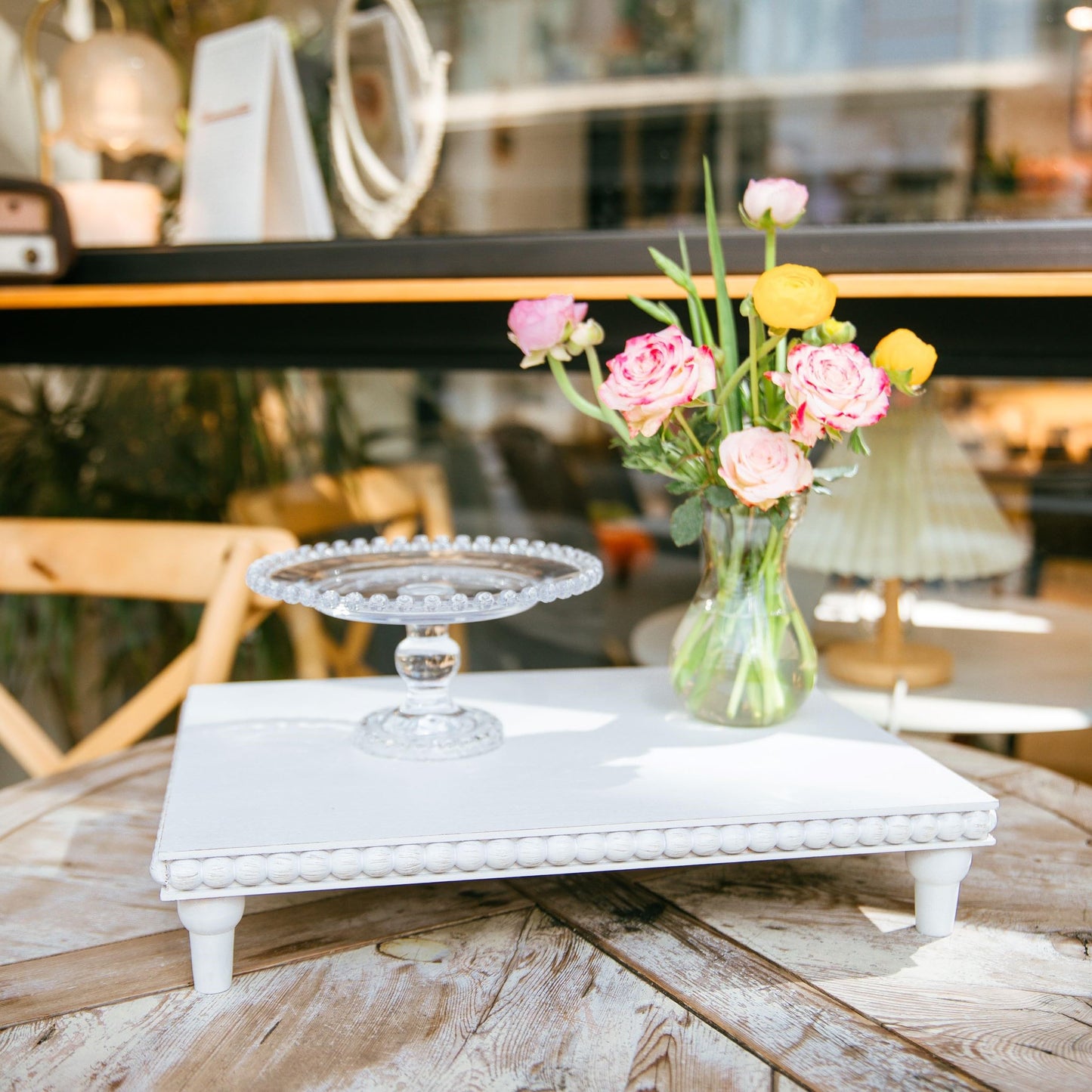 GENMOUS Farmhouse White Dispaly Risers Pedestal Stand For Bathroom Decor , Rustic Large Tiered Tray Decor Pedestal Stand For Coffee Bar Display, Kitchen Counter Island Decor, Sink Decor, Plant Holder