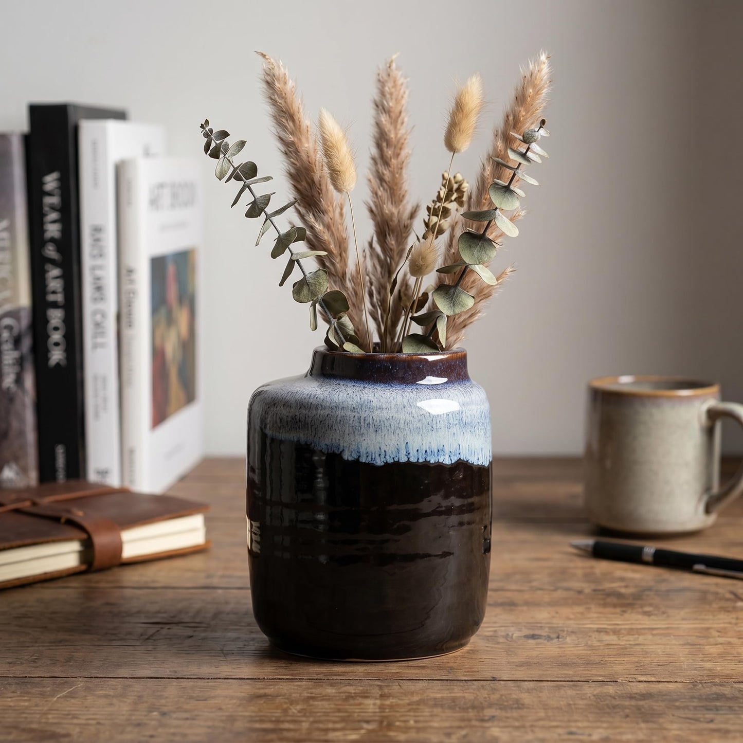 Wancetang Black and Blue Vase - 7 Inch Modern Ceramic Vase for Decor Pottery Decorative Flower Vases for Home Decor Table Living Room Bathroom Shelf Mantel Decoration