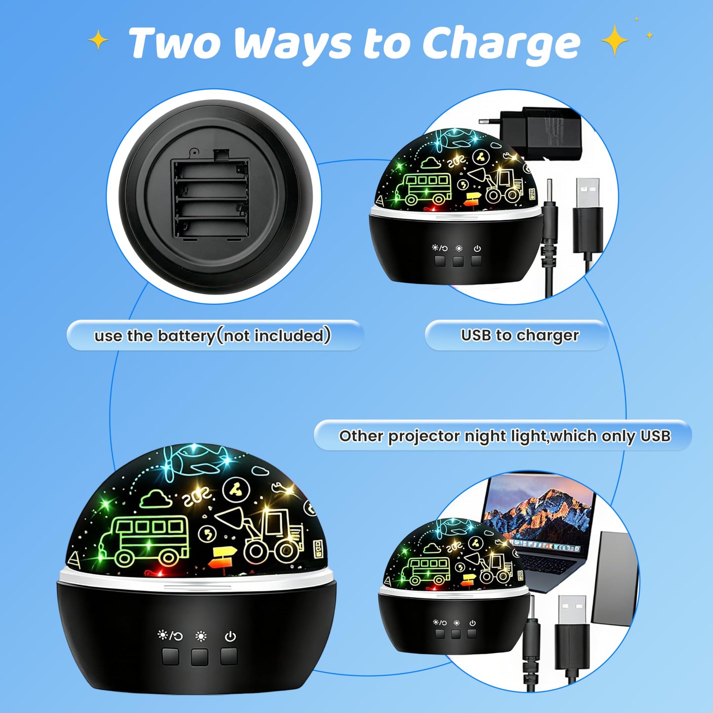 MINGKIDS Night Light for Kids,2 in 1 Rotating Projector Lamp with Dino&Vehicles Theme,2 Ways to Charge,Baby Night Light Ceiling Projector for Bedroom Kids Room Decor
