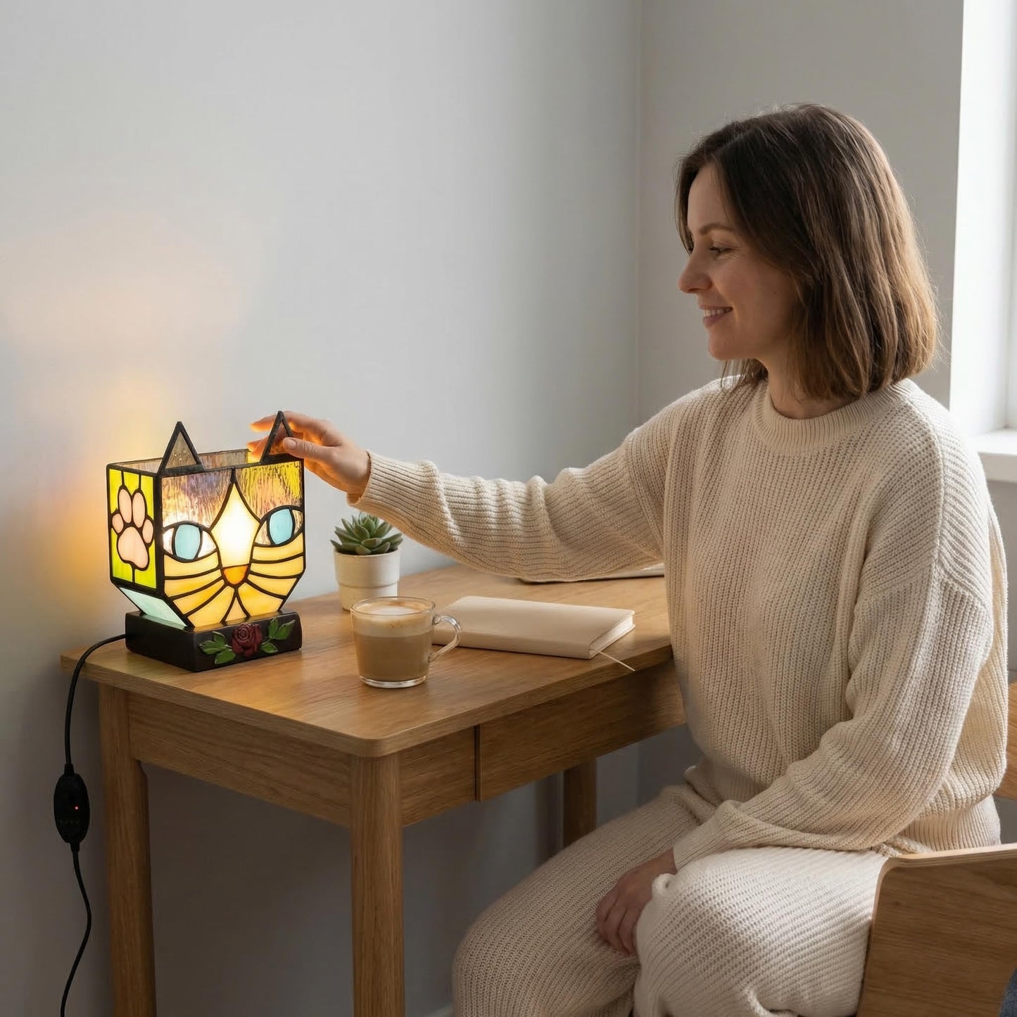 Entlityful Stained Glass Cat Lamp, Tiffany Style Table Lamp with 24H Cycle Timer, Small Table Lamp with Dimmable Timing Function, Cat Gifts for Women,Cat Lovers,Cat Remembrance Gifts