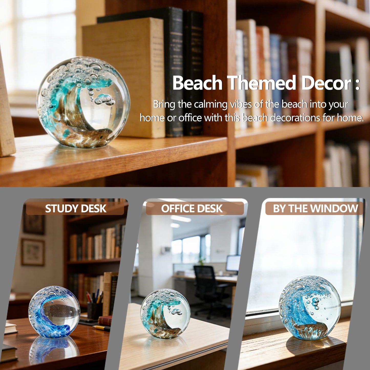ZEERSHEE Hand Blown Ocean Wave Glass Ball, 2.3" Blue Glass Paperweight