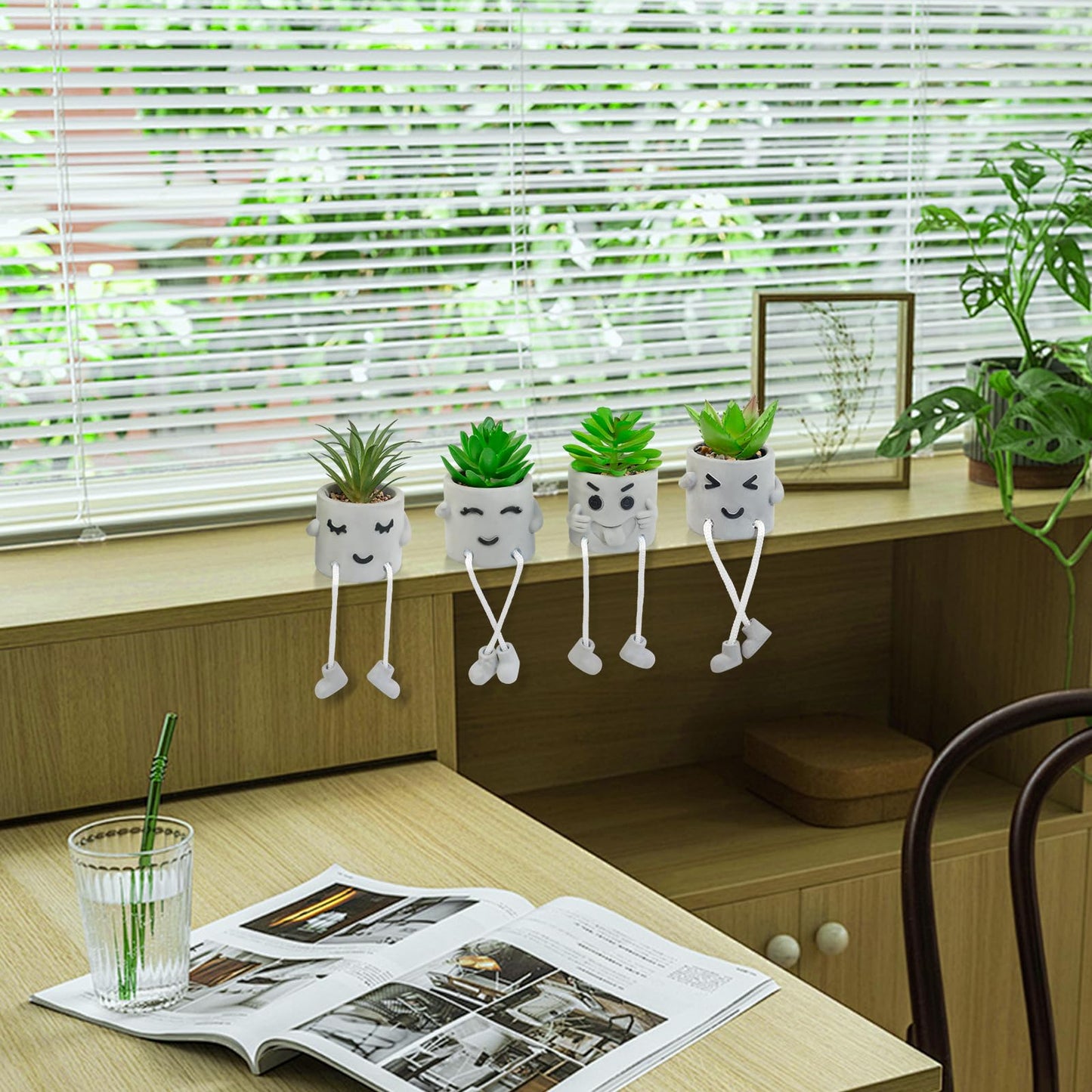 LUZOGA Set of 4 Small Faux Succulents in Cement Pots with Hanging Legs, Potted Mini Fake Plants for Desk, Office Cubicle, Kitchen, Bathroom, Wall Shelf Decor, Room & Bookshelf Ornament
