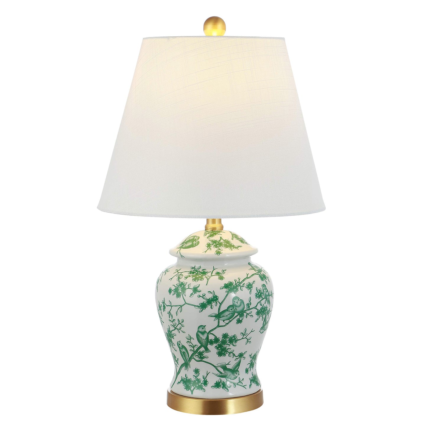 JONATHAN Y 22" White/Green Ceramic Table Lamp, French Country Chinoiserie Ginger Jar LED Bedside Lamp for Living Room Bedroom, White Linen Shade (JYL3005B)