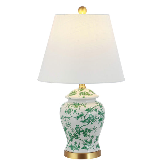 JONATHAN Y 22" White/Green Ceramic Table Lamp, French Country Chinoiserie Ginger Jar LED Bedside Lamp for Living Room Bedroom, White Linen Shade (JYL3005B)