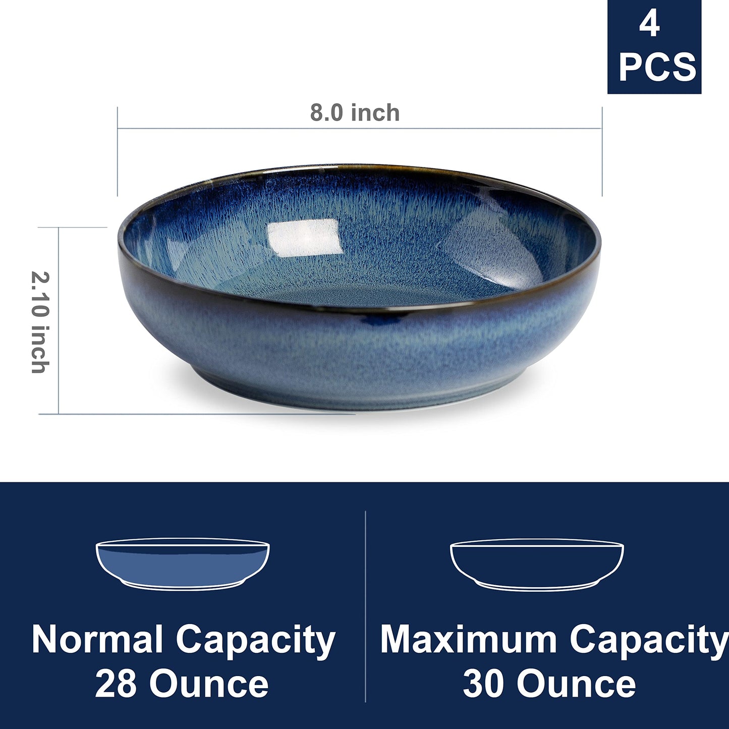 KYBSCZ 30oz Ceramic bowls set of 4-8" serving bowls for Kitchen,Pasta,Salad-Dishwasher & Microwave Safe Perfect for Housewarming, Thanksgiving, Christmas-Royal Blue
