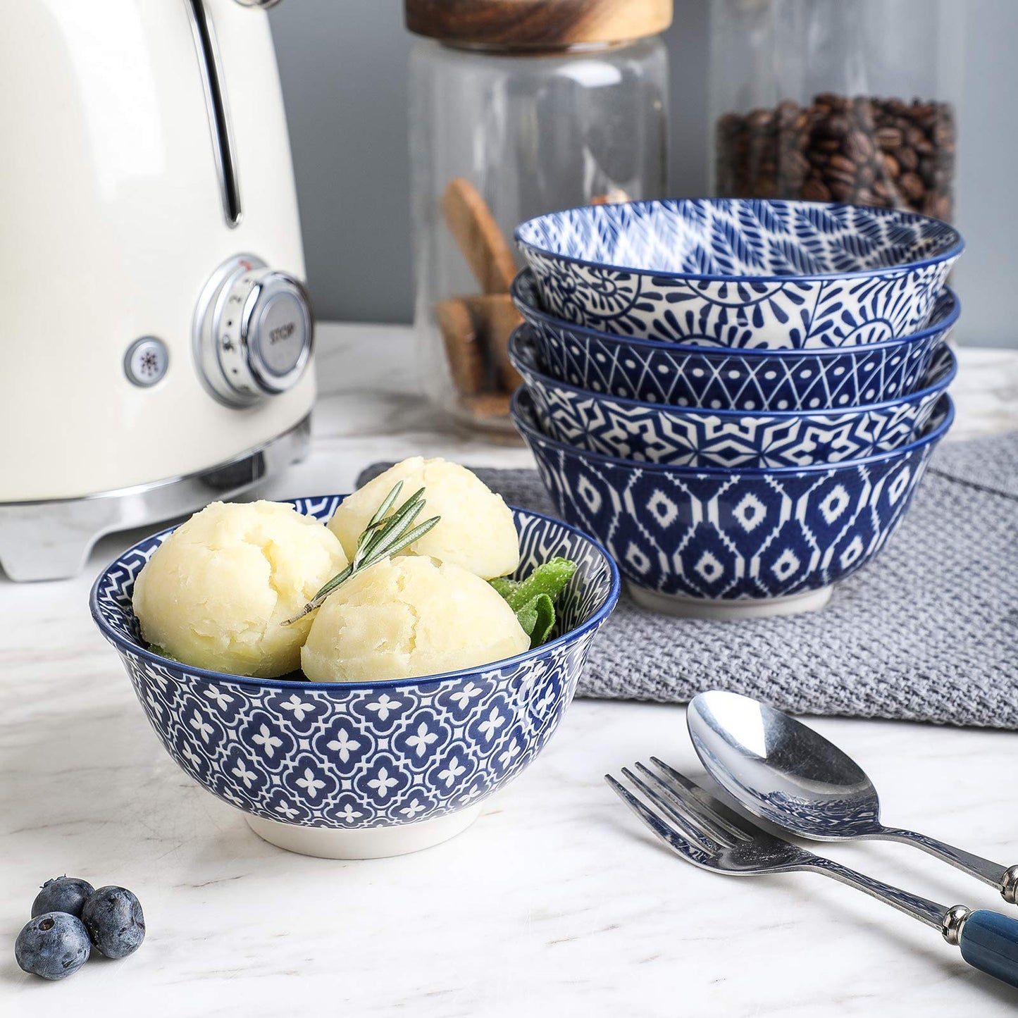 Selamica Porcelain 11oz Ice Cream Bowls Set of 6, Small Bowls, Ceramic bowls for Dessert, Ice Cream, Vintage Blue