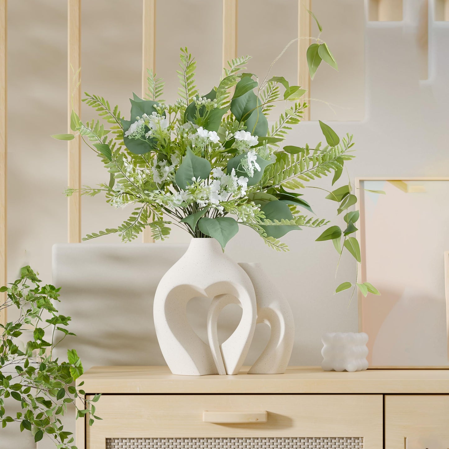 White Ceramic Flower Vase Home Table Decor Heart Shaped Vase Set of 2