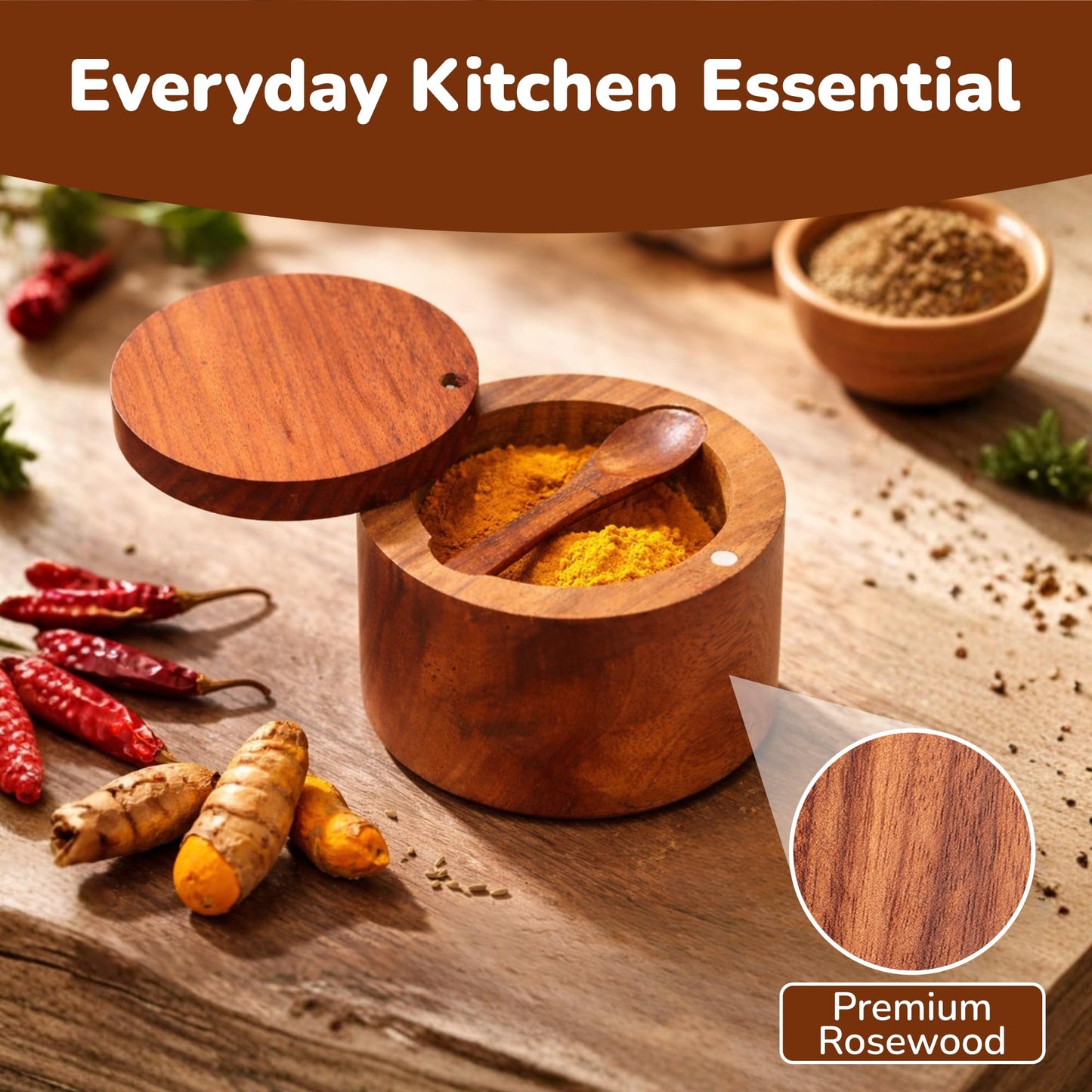 Wooden Salt Cellar with Magnetic Swivel Lid & Built-in Spoon, Salt Box for Kitchen Countertop, Premium Rosewood Salt Keeper for Sea Salt, Pepper & Spices (4.5 oz)