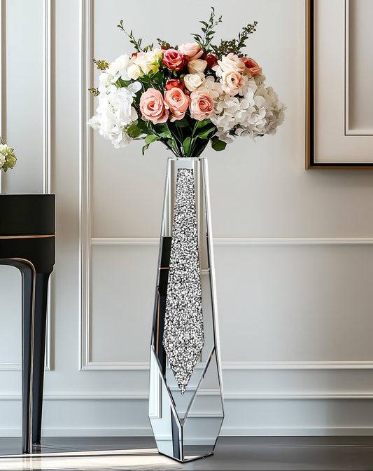 Artloge Mirror Floor Vase Crushed Diamond Silver Bling Centerpiece 33.6 inch Tall