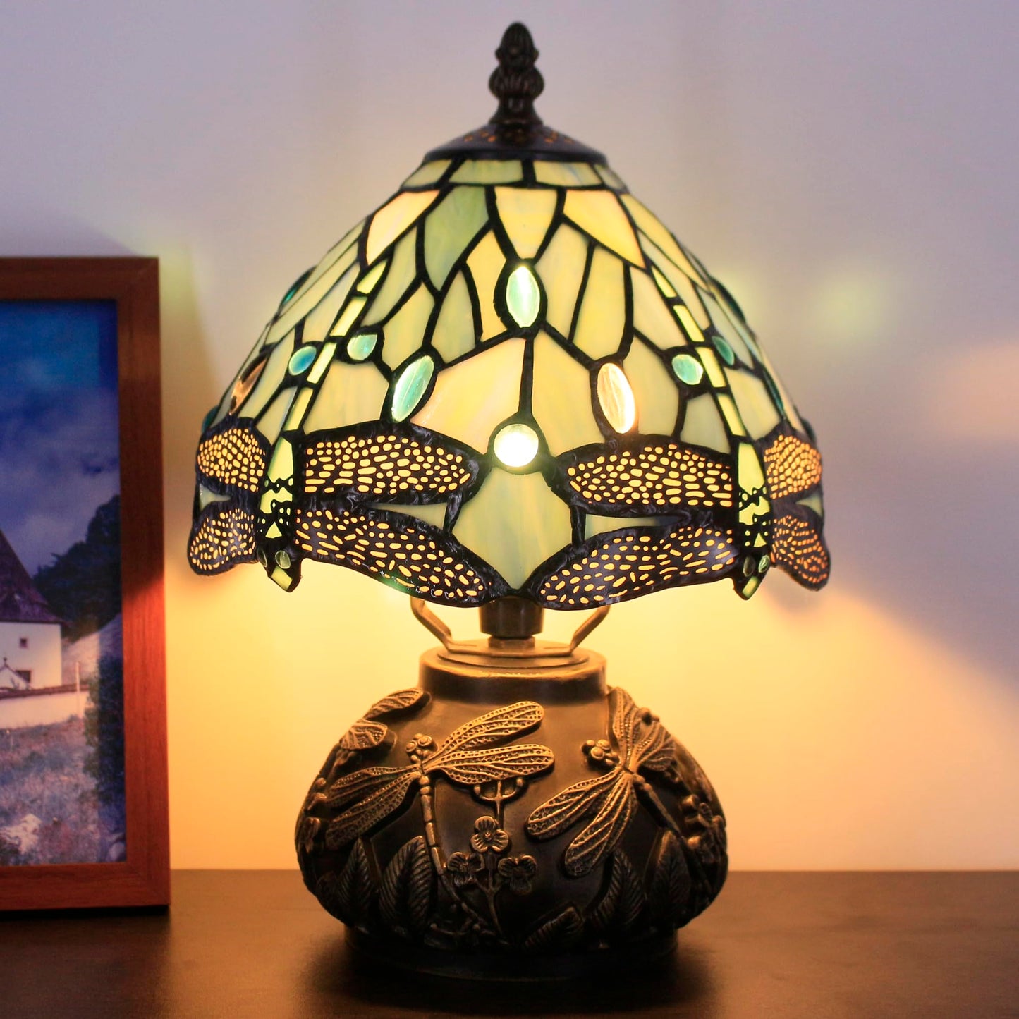 SYETL Small Tiffany Lamp Mini Stained Glass Table Lamp Sea Blue Dragonfly Style Mushroom Desk Light Memory Sympathy Lamp 8X11 Inch