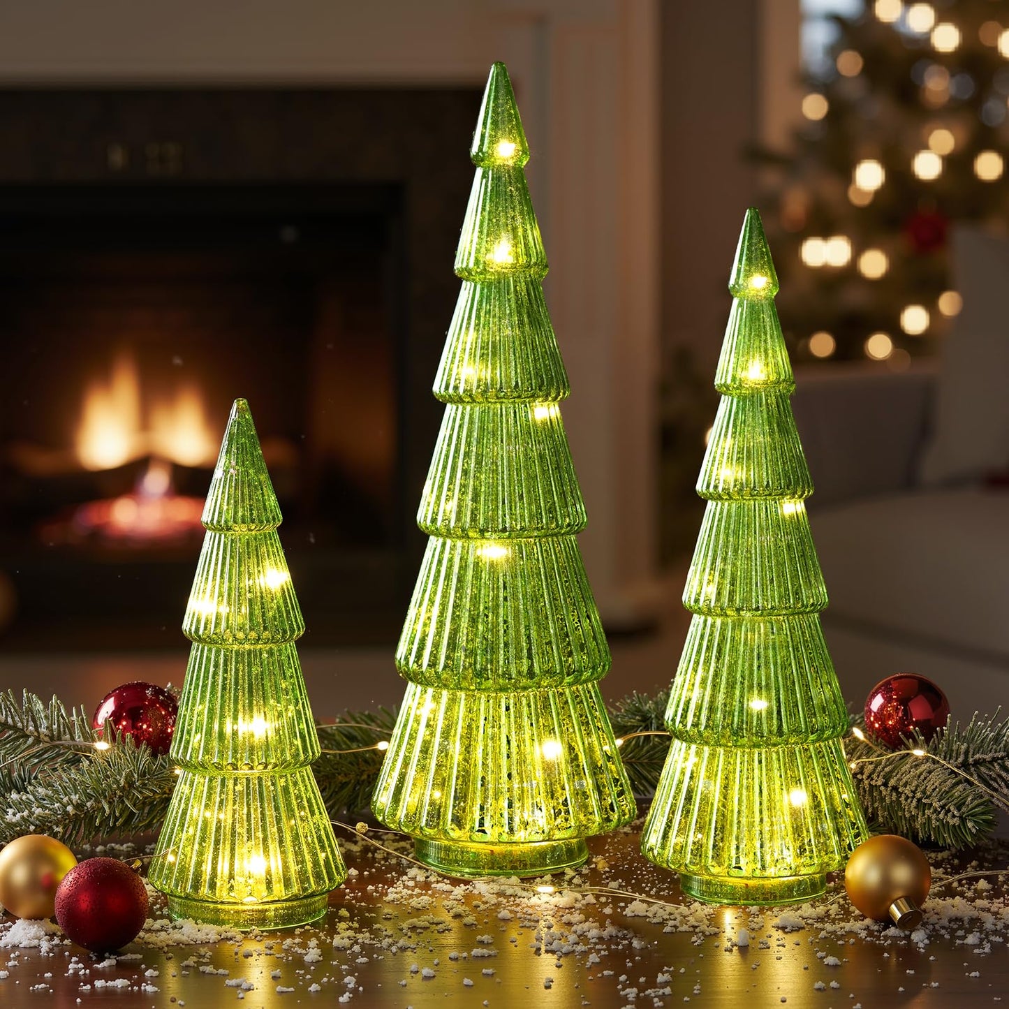 Pawliss Glass Christmas Tree Figures: 3pcs Green Artificial Glass Tree Tabletop Centerpiece Figurines, Crystal Finish Tree Table Ornaments, Classic Gifts for Winter Christmas Decorations for The Home
