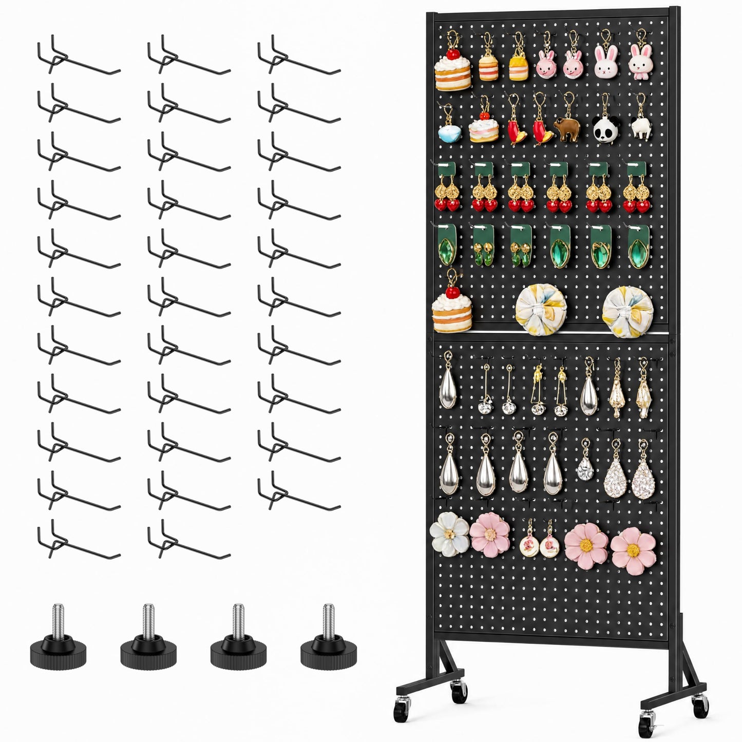 CursorTech Peg Board Display Stand with Extra 32 Hooks 24" X70” Metal Pegboard on Wheels and T-Base Standing Rack Organizer Units for Ornament Retail & Vendors Craft Show Store Display