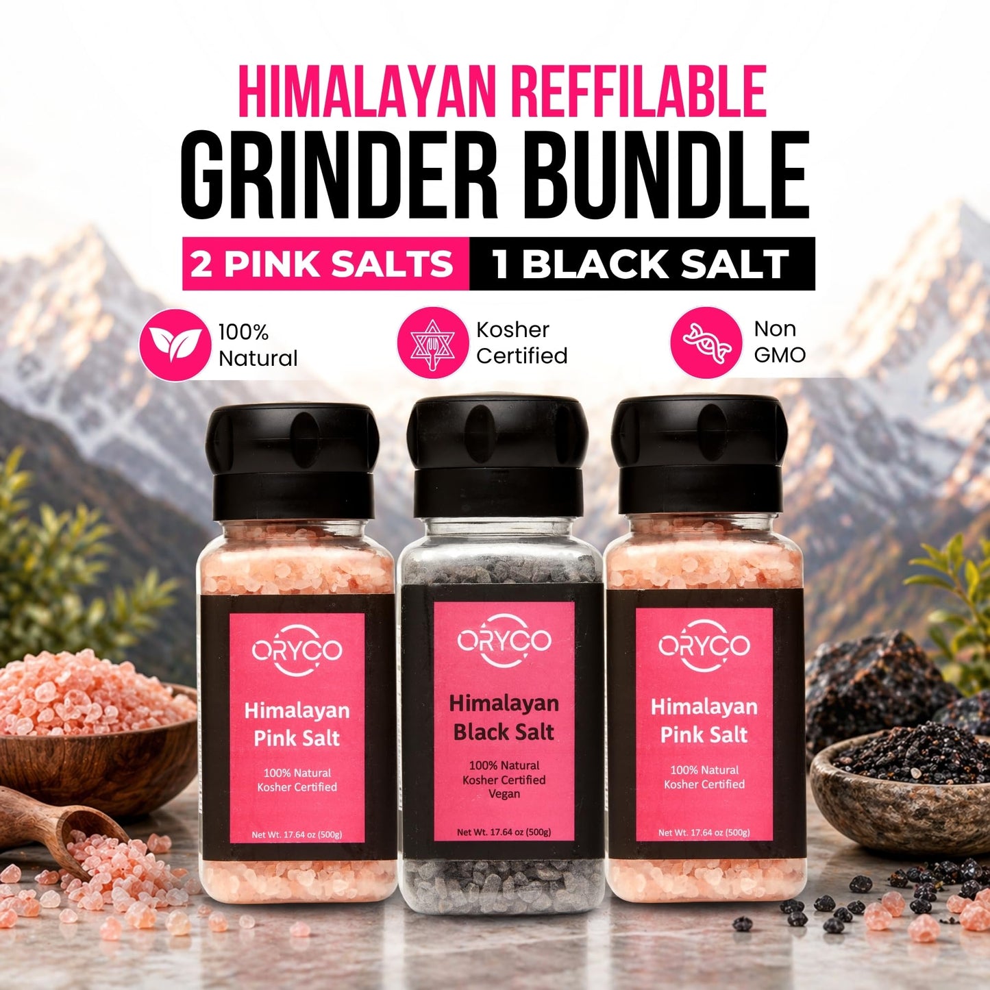Oryco Himalayan Salt Grinder Set 3 Pack (2 Pink + 1 Black Kala Namak, 500g Each) – Refillable Grinders, 100% Natural, Kosher, Non-GMO, Coarse Salt for Cooking, Vegan & Seasoning