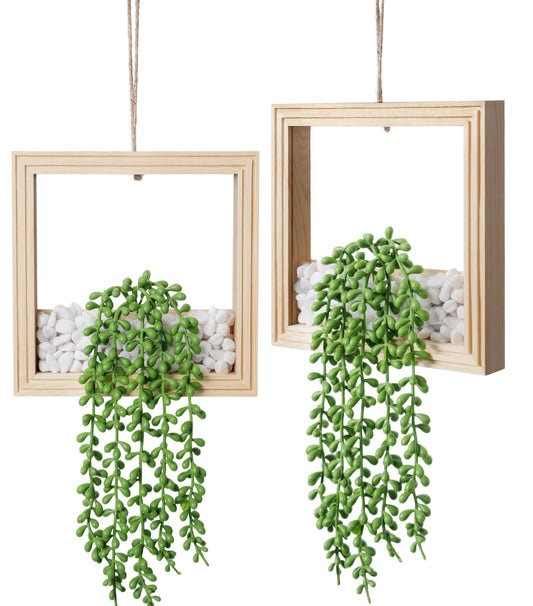 2 Pack Fake Plants Hanging, Artificial Succulents Plants in Square Wooden Frame with Glow Accents, Boho Wall Decor for Office Living Room Bathroom Bedroom Kitchen Indoor Outdoor, Natural Wood
