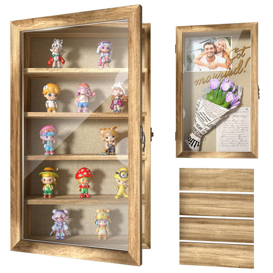 REFGY 16x9 Extra Deep Shadow Box Display Case with 4 Removable Shelves Large Wooden Shadow Box Frame for Figurines & Collectibles Deep Shadow Box with Magnetic Front Loading Door