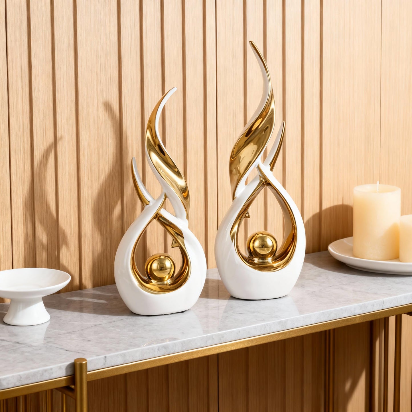 2-Piece Abstract White and Gold Home Decor, Ceramic Abstract Sculpture, Modern Art Piece, Suitable for Room Coffee Table Countertops, Office Bookshelves, Dining Table Centers, Entryway Decor.