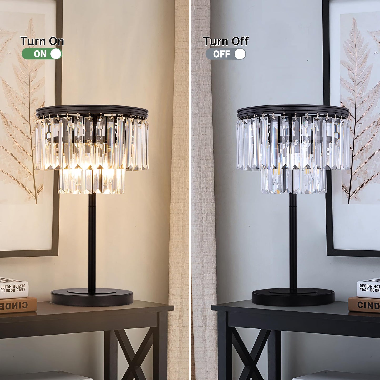 Wellmet 3 Lights Crystal Table Lamp, Bedside Lamp for Bedroom