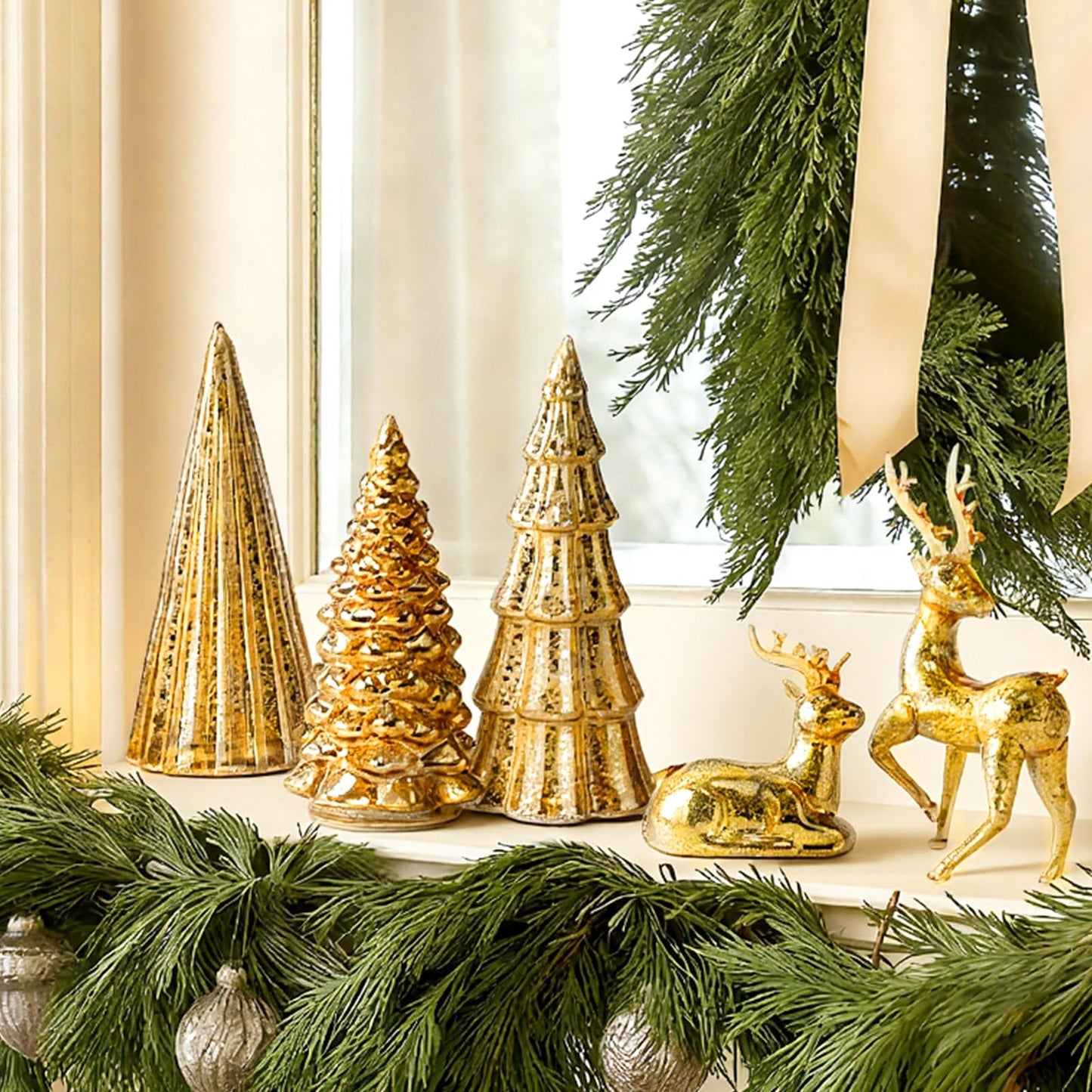 Flutesan 5 Pcs Lighted Mercury Glass Christmas Trees and Reindeer for Tabletop LED Christmas Tree Table Centerpiece Decoration for Home Xmas Party Mantel