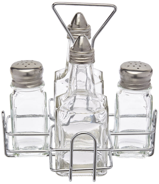 New Star Foodservice 22209 Glass Salt and Pepper Shaker Set with Holder and Oil and Vinegar Cruets, Stainless Steel Gold Plated Top, 0.5-Ounces