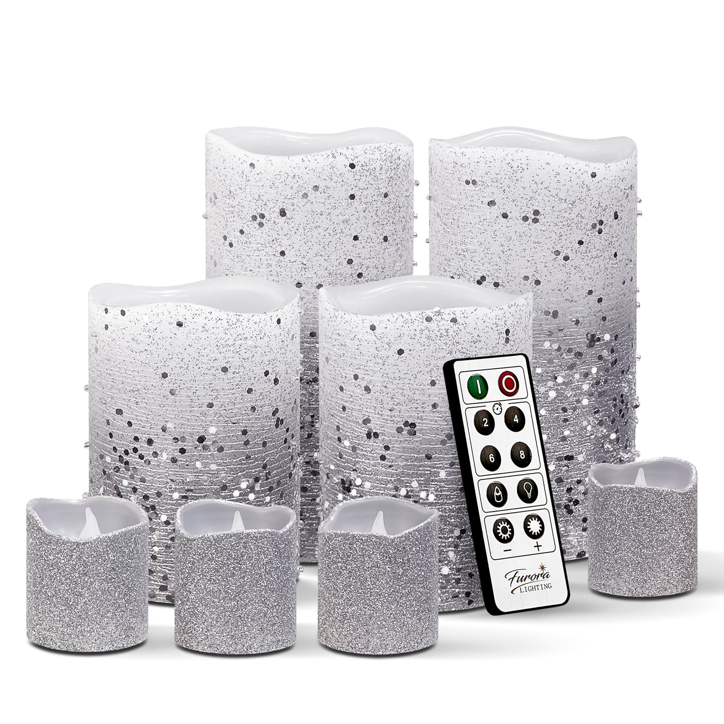 FURORA LIGHTING Silver Glitter LED Candles, 8-Pack Set with Remote & Timer