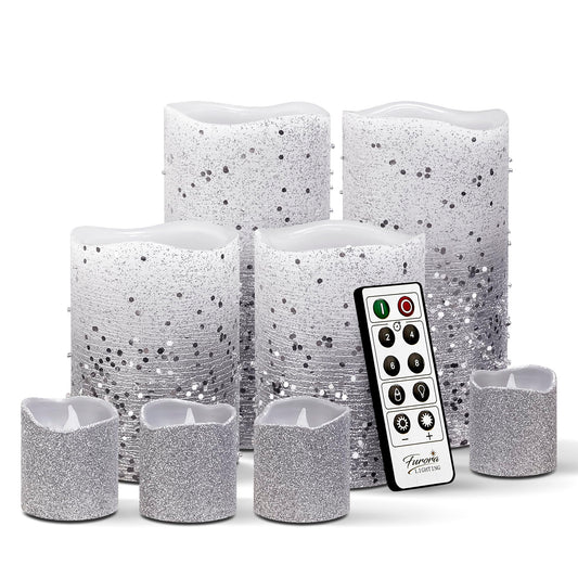 FURORA LIGHTING Silver Glitter LED Candles, 8-Pack Set with Remote & Timer