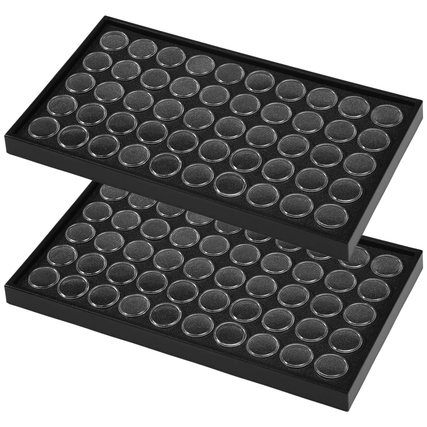 Geelin 2 Pcs Gem Display Case 100 Case Gem Jars 14.7" x 8.1" x 0.98" Black Foam Insert Trays Foam Sheet with 1" Small Storage Jars with Lids for Gemstones Jewelry Coins Beads Collectibles