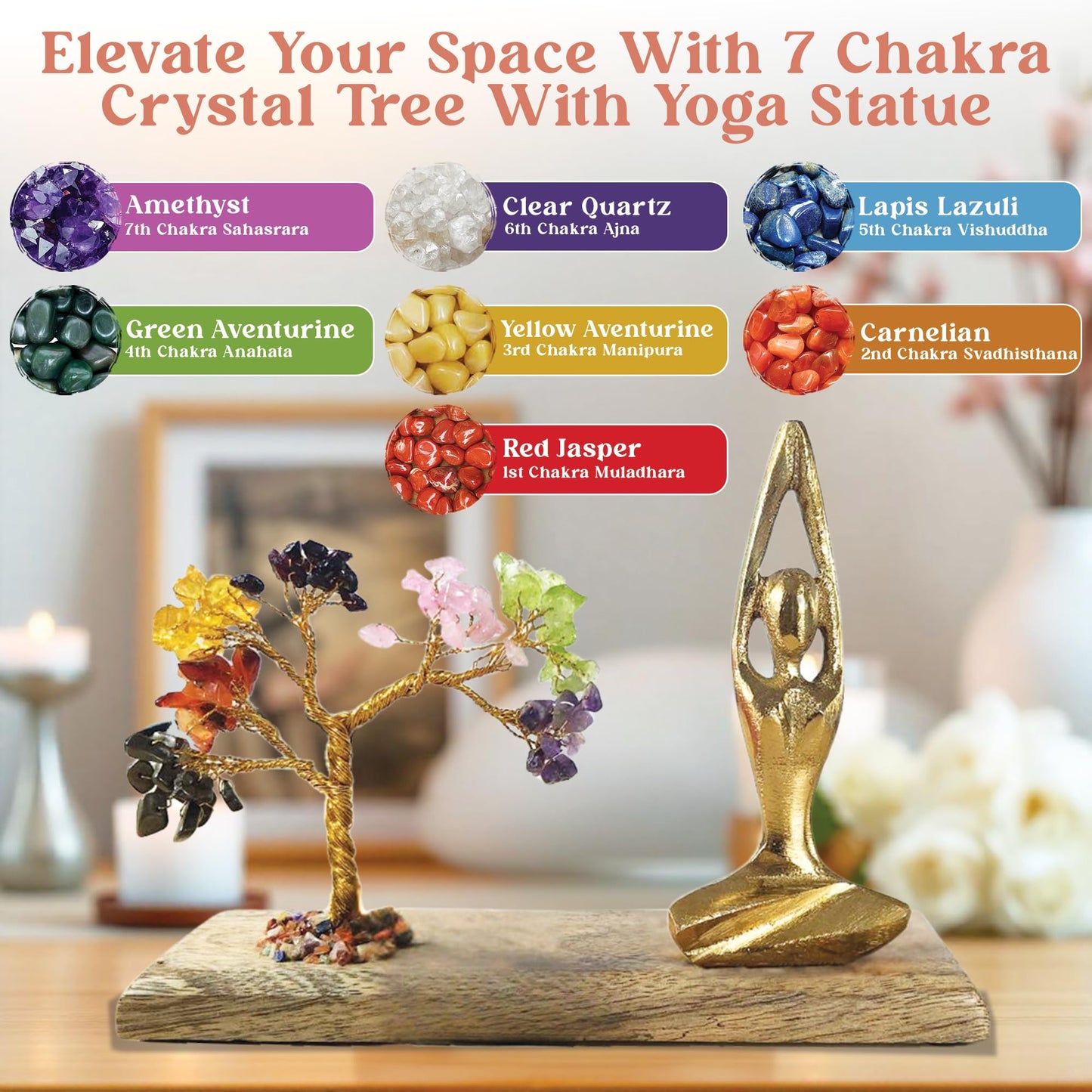 HOME INFINIX Crystal Tree of Life 7 Chakra Healing Crystal Trees with Golden Yoga Figurine & Natural Wooden Base Handmade Gemstone Bonsai Feng Shui for Positive Energy, Meditation & Home Décor Gifts